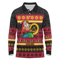 Vanuatu Christmas Long Sleeve Polo Shirt Joyeux Noel Surfing Santa With Boar Tusk LT14 Red - Polynesian Pride