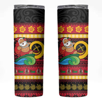 Vanuatu Christmas Skinny Tumbler Joyeux Noel Surfing Santa With Boar Tusk LT14 Red - Polynesian Pride