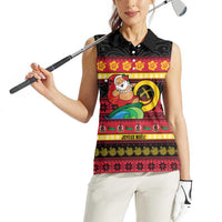 Vanuatu Christmas Women Sleeveless Polo Shirt Joyeux Noel Surfing Santa With Boar Tusk LT14 - Polynesian Pride