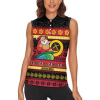 Vanuatu Christmas Women Sleeveless Polo Shirt Joyeux Noel Surfing Santa With Boar Tusk LT14 - Polynesian Pride