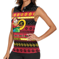 Vanuatu Christmas Women Sleeveless Polo Shirt Joyeux Noel Surfing Santa With Boar Tusk LT14 - Polynesian Pride