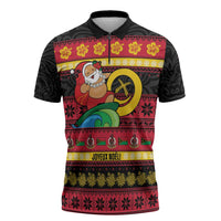 Vanuatu Christmas Zipper Polo Shirt Joyeux Noel Surfing Santa With Boar Tusk LT14 Red - Polynesian Pride