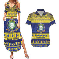 Niue Christmas Couples Matching Summer Maxi Dress and Hawaiian Shirt Monuina e Kilisimasi Hiapo Motifs LT14 Blue - Polynesian Pride