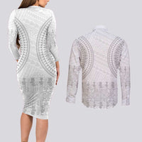 Niue White Sunday Couples Matching Long Sleeve Bodycon Dress and Long Sleeve Button Shirt Tapu Fanau Ia Puakenikeni Hiapo Pattern LT14 - Polynesian Pride