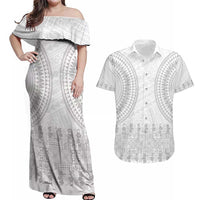 Niue White Sunday Couples Matching Off Shoulder Maxi Dress and Hawaiian Shirt Tapu Fanau Ia Puakenikeni Hiapo Pattern LT14 White - Polynesian Pride