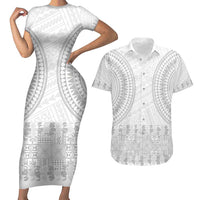 Niue White Sunday Couples Matching Short Sleeve Bodycon Dress and Hawaiian Shirt Tapu Fanau Ia Puakenikeni Hiapo Pattern LT14 White - Polynesian Pride