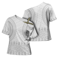 Niue White Sunday Cross Shoulder Shirt Tapu Fanau Ia Puakenikeni Hiapo Pattern LT14 - Polynesian Pride