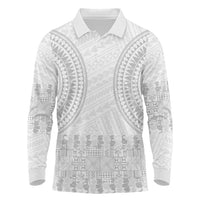 Niue White Sunday Long Sleeve Polo Shirt Tapu Fanau Ia Puakenikeni Hiapo Pattern LT14 White - Polynesian Pride