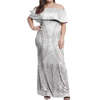 Niue White Sunday Off Shoulder Maxi Dress Tapu Fanau Ia Puakenikeni Hiapo Pattern LT14 Women White - Polynesian Pride