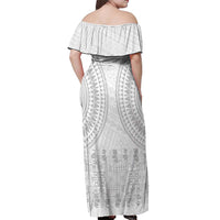 Niue White Sunday Off Shoulder Maxi Dress Tapu Fanau Ia Puakenikeni Hiapo Pattern LT14 - Polynesian Pride