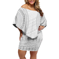 Niue White Sunday Off Shoulder Short Dress Tapu Fanau Ia Puakenikeni Hiapo Pattern LT14 Women White - Polynesian Pride