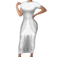 Niue White Sunday Short Sleeve Bodycon Dress Tapu Fanau Ia Puakenikeni Hiapo Pattern LT14 Long Dress White - Polynesian Pride