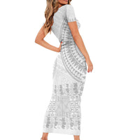 Niue White Sunday Short Sleeve Bodycon Dress Tapu Fanau Ia Puakenikeni Hiapo Pattern LT14 - Polynesian Pride