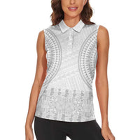 Niue White Sunday Women Sleeveless Polo Shirt Tapu Fanau Ia Puakenikeni Hiapo Pattern LT14 - Polynesian Pride