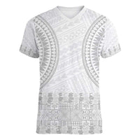 Niue White Sunday Women V-Neck T-Shirt Tapu Fanau Ia Puakenikeni Hiapo Pattern LT14 Female White - Polynesian Pride