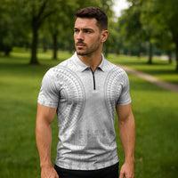 Niue White Sunday Zipper Polo Shirt Tapu Fanau Ia Puakenikeni Hiapo Pattern LT14 - Polynesian Pride