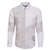 Niue White Sunday Family Matching Off The Shoulder Long Sleeve Dress and Hawaiian Shirt Half Hiapo Pattern Vibes LT14 Dad's Shirt - Long Sleeve White - Polynesian Pride