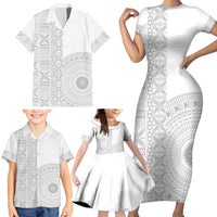 Niue White Sunday Family Matching Short Sleeve Bodycon Dress and Hawaiian Shirt Half Hiapo Pattern Vibes LT14 - Polynesian Pride