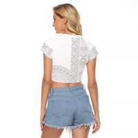 Niue White Sunday Raglan Cropped T Shirt Half Hiapo Pattern Vibes - Polynesian Pride