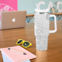 Niue White Sunday Tumbler With Handle Half Hiapo Pattern Vibes - Polynesian Pride