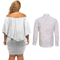 Tapu Fanau Ia Niue Couples Matching Off Shoulder Short Dress and Long Sleeve Button Shirt Happy White Sunday Unique Hiapo LT14 - Polynesian Pride