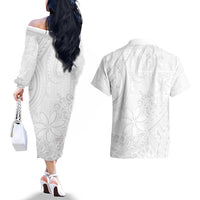 Tapu Fanau Ia Niue Couples Matching Off The Shoulder Long Sleeve Dress and Hawaiian Shirt Happy White Sunday Unique Hiapo LT14 - Polynesian Pride