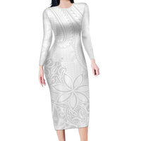 Tapu Fanau Ia Niue Long Sleeve Bodycon Dress Happy White Sunday Unique Hiapo LT14 Long Dress White - Polynesian Pride