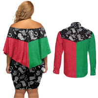 Vanuatu Cowboy Couples Matching Off Shoulder Short Dress and Long Sleeve Button Shirt Cowboy Symbols Split Stylized - Polynesian Pride