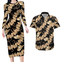 Vanuatu Cowboy Couples Matching Long Sleeve Bodycon Dress and Hawaiian Shirt Seamless Straw Hats Hibiscus LT14 Black - Polynesian Pride