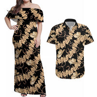 Vanuatu Cowboy Couples Matching Off Shoulder Maxi Dress and Hawaiian Shirt Seamless Straw Hats Hibiscus LT14 Black - Polynesian Pride