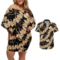 Vanuatu Cowboy Couples Matching Off Shoulder Short Dress and Hawaiian Shirt Seamless Straw Hats Hibiscus LT14 Black - Polynesian Pride