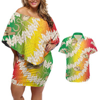 Vanuatu Cowboy Couples Matching Off Shoulder Short Dress and Hawaiian Shirt Straw Hats Hibiscus With Sand Drawing LT14 Reggae - Polynesian Pride