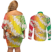 Vanuatu Cowboy Couples Matching Off Shoulder Short Dress and Long Sleeve Button Shirt Straw Hats Hibiscus With Sand Drawing LT14 - Polynesian Pride