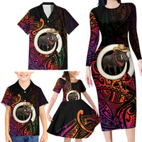 Vanuatu Boar Cowboy Family Matching Long Sleeve Bodycon Dress and Hawaiian Shirt Tusk Gradient Polynesian Pattern LT14 - Polynesian Pride