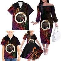 Vanuatu Boar Cowboy Family Matching Off The Shoulder Long Sleeve Dress and Hawaiian Shirt Tusk Gradient Polynesian Pattern LT14 - Polynesian Pride