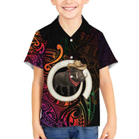 Vanuatu Boar Cowboy Family Matching Off The Shoulder Long Sleeve Dress and Hawaiian Shirt Tusk Gradient Polynesian Pattern LT14 Son's Shirt Black - Polynesian Pride