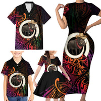 Vanuatu Boar Cowboy Family Matching Short Sleeve Bodycon Dress and Hawaiian Shirt Tusk Gradient Polynesian Pattern LT14 - Polynesian Pride
