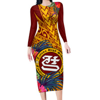 Personalised Tafuna High School Family Matching Long Sleeve Bodycon Dress and Hawaiian Shirt American Samoa Schools Polynesian Tropical Flowers LT14 Mom's Dress Maroon - Polynesian Pride
