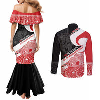Toitu Te Tiriti Me Te Whakaputanga Couples Matching Mermaid Dress and Long Sleeve Button Shirt Maori Wahaika With Haka Face LT14 - Polynesian Pride