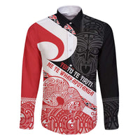 Toitu Te Tiriti Me Te Whakaputanga Family Matching Off The Shoulder Long Sleeve Dress and Hawaiian Shirt Maori Wahaika With Haka Face LT14 Dad's Shirt - Long Sleeve Red - Polynesian Pride