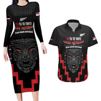 Personalised Toitu Te Tiriti Mana Maori Motuhake Couples Matching Long Sleeve Bodycon Dress and Hawaiian Shirt Aotearoa Haka Face Mix Poutama Art LT14 Black - Polynesian Pride