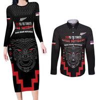 Personalised Toitu Te Tiriti Mana Maori Motuhake Couples Matching Long Sleeve Bodycon Dress and Long Sleeve Button Shirt Aotearoa Haka Face Mix Poutama Art LT14 Black - Polynesian Pride