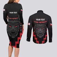 Personalised Toitu Te Tiriti Mana Maori Motuhake Couples Matching Long Sleeve Bodycon Dress and Long Sleeve Button Shirt Aotearoa Haka Face Mix Poutama Art LT14 - Polynesian Pride