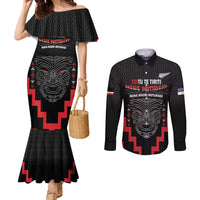 Personalised Toitu Te Tiriti Mana Maori Motuhake Couples Matching Mermaid Dress and Long Sleeve Button Shirt Aotearoa Haka Face Mix Poutama Art LT14 Black - Polynesian Pride