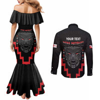 Personalised Toitu Te Tiriti Mana Maori Motuhake Couples Matching Mermaid Dress and Long Sleeve Button Shirt Aotearoa Haka Face Mix Poutama Art LT14 - Polynesian Pride