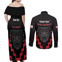 Personalised Toitu Te Tiriti Mana Maori Motuhake Couples Matching Off Shoulder Maxi Dress and Long Sleeve Button Shirt Aotearoa Haka Face Mix Poutama Art LT14 - Polynesian Pride
