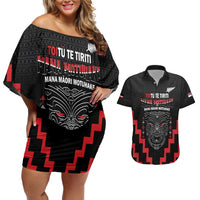 Personalised Toitu Te Tiriti Mana Maori Motuhake Couples Matching Off Shoulder Short Dress and Hawaiian Shirt Aotearoa Haka Face Mix Poutama Art LT14 Black - Polynesian Pride