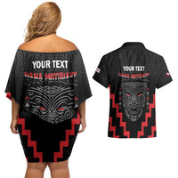 Personalised Toitu Te Tiriti Mana Maori Motuhake Couples Matching Off Shoulder Short Dress and Hawaiian Shirt Aotearoa Haka Face Mix Poutama Art LT14 - Polynesian Pride