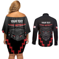 Personalised Toitu Te Tiriti Mana Maori Motuhake Couples Matching Off Shoulder Short Dress and Long Sleeve Button Shirt Aotearoa Haka Face Mix Poutama Art LT14 - Polynesian Pride