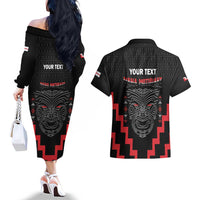 Personalised Toitu Te Tiriti Mana Maori Motuhake Couples Matching Off The Shoulder Long Sleeve Dress and Hawaiian Shirt Aotearoa Haka Face Mix Poutama Art LT14 - Polynesian Pride